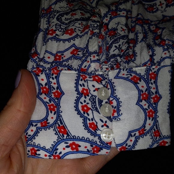 Talbots XL Peasant Top Paisley Ruffle Neck Red White Blue - Picture 9 of 11